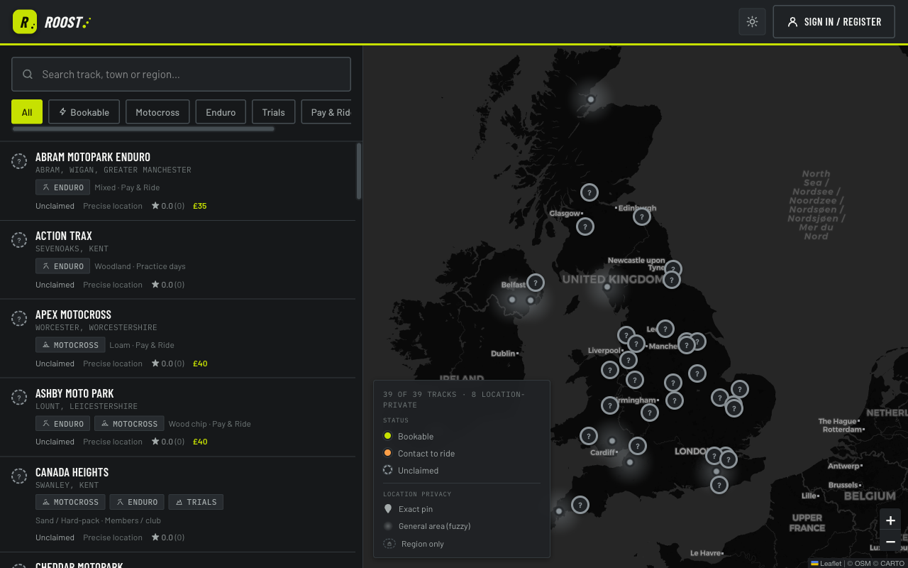 Roost — map and list of UK dirt-bike tracks